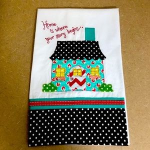 Embellished kitchen farm style towel. Appliqué & embroidery. Brown red turquoise